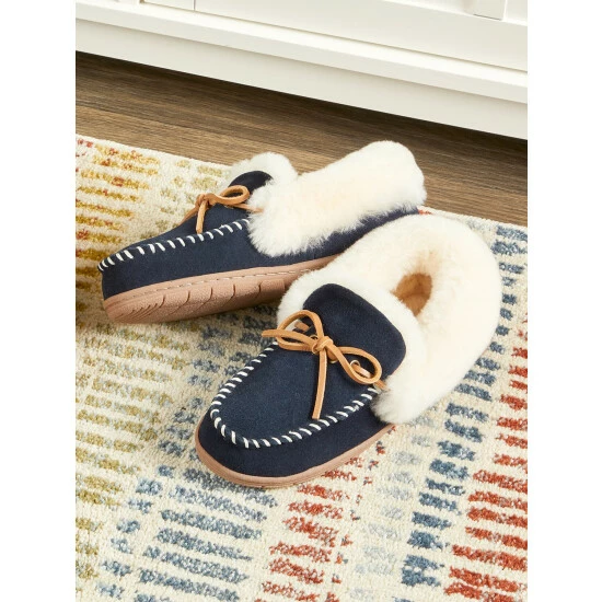 Vermont Country Store Women's Sheepskin Moccasins Navy 4 Vermont Country Store Women's Sheepskin Moccasins Navy - Image 3