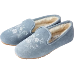 Vermont Country Store Women's Embroidered Suede Ballet Slippers Blue