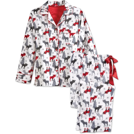 Vermont Country Store Women's Moose-on-the-Loose Flannel Pajamas White 4 Vermont Country Store Women's Moose-on-the-Loose Flannel Pajamas White - Image 2