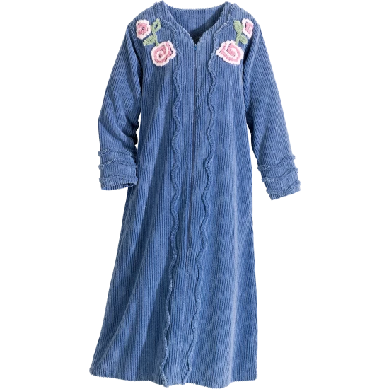 Vermont Country Store Women's Chenille Blossom Robe Blue 4 Vermont Country Store Women's Chenille Blossom Robe Blue - Image 2