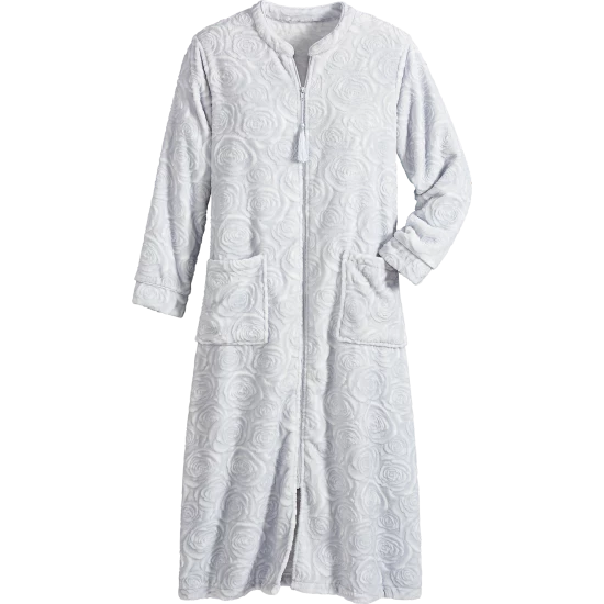 Vermont Country Store Women's Sculpted Rose Zip-Front Fleece Robe Periwinkle 5 Vermont Country Store Women's Sculpted Rose Zip-Front Fleece Robe Periwinkle - Image 3