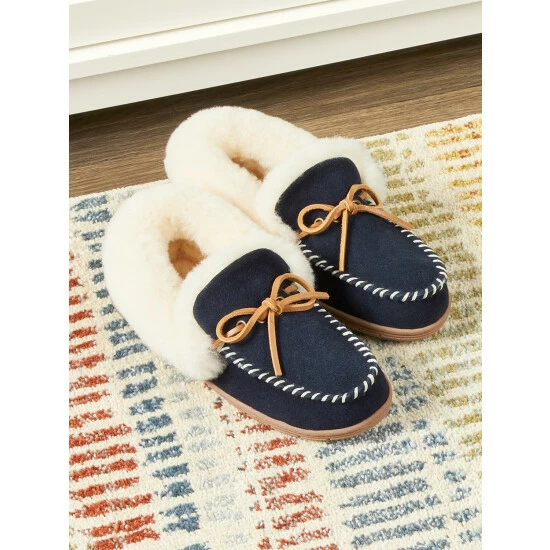 Vermont Country Store Women's Sheepskin Moccasins Navy 7 Vermont Country Store Women's Sheepskin Moccasins Navy - Image 6