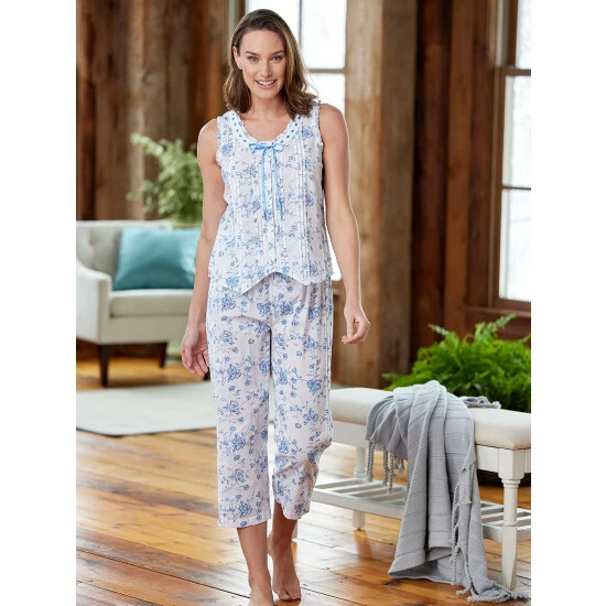 Vermont Country Store Women's Scrolling Leaves Cotton-Knit Capri Pajamas Aqua 3 Vermont Country Store Women's Scrolling Leaves Cotton-Knit Capri Pajamas Aqua