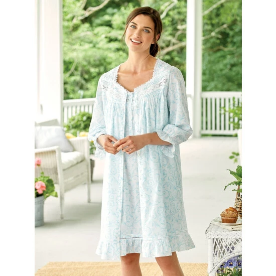 Eileen West Aqua Scroll Cotton Short Robe 4 Eileen West Aqua Scroll Cotton Short Robe - Image 2