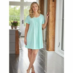Vermont Country Store Women's Scrolling Leaves Cotton-Knit Short-Sleeve Nightgown Aqua