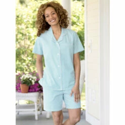 Vermont Country Store Women's Lightweight Seersucker Short-Sleeve Pajamas Yellow