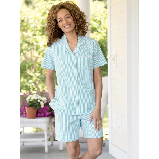 Vermont Country Store Women's Lightweight Seersucker Short-Sleeve Pajamas Yellow 3 Vermont Country Store Women's Lightweight Seersucker Short-Sleeve Pajamas Yellow