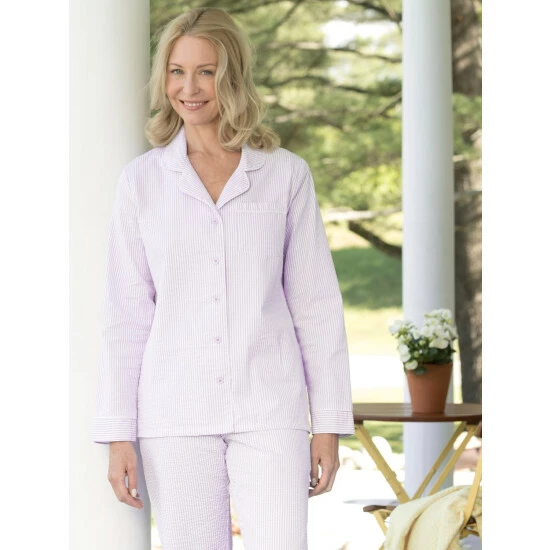 Vermont Country Store Women's Seersucker Long Pajamas Lavender 3 Vermont Country Store Women's Seersucker Long Pajamas Lavender