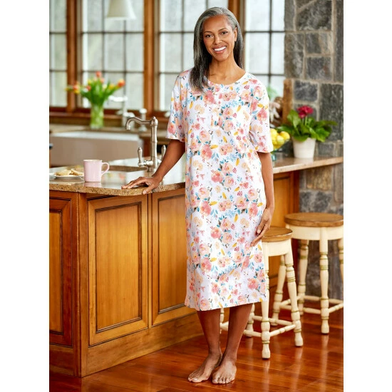 Vermont Country Store Watercolor Wildflowers Cotton Knit Henley Nightshirt Pink Floral 5 Vermont Country Store Watercolor Wildflowers Cotton Knit Henley Nightshirt Pink Floral - Image 3