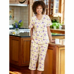 Vermont Country Store Women's Perfect Pansies Cotton Knit Pajamas Pink Floral