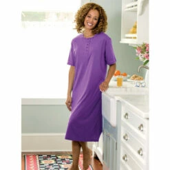 Vermont Country Store Women's Cotton Knit Long Henley Nightshirt Berry