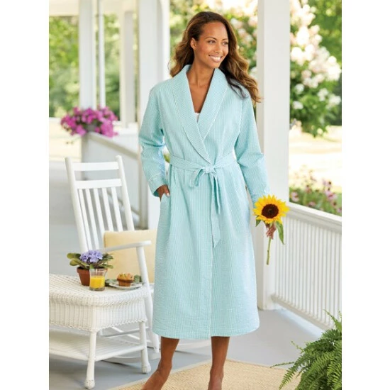 Vermont Country Store Women's Seersucker Robe Teal 6 Vermont Country Store Women's Seersucker Robe Teal - Image 4