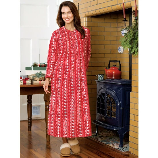 Vermont Country Store Nordic Snowflake Flannel Nightgown Red 5 Vermont Country Store Nordic Snowflake Flannel Nightgown Red - Image 3