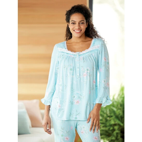 Eileen West Stretch Modal Floral Pajamas Teal 6 Eileen West Stretch Modal Floral Pajamas Teal - Image 4
