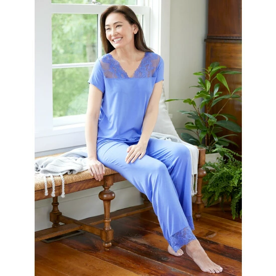 Ella Simone Women's Lace Knit Pajamas Blue 6 Ella Simone Women's Lace Knit Pajamas Blue - Image 4