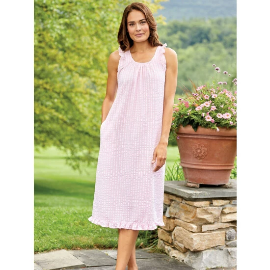 Vermont Country Store Women's Pink Plaid Seersucker Nightgown 7 Vermont Country Store Women's Pink Plaid Seersucker Nightgown - Image 5