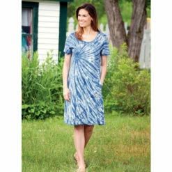 Vermont Country Store Catch-a-Wave Tie-Dye Cotton T-Shirt Dress Blue
